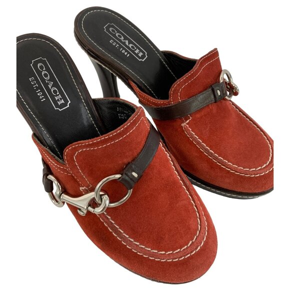 Coach Cleo Red Suede High Heel Mule Shoe Size 6.5M Platform 7938 Buckle Italy - Picture 2 of 9